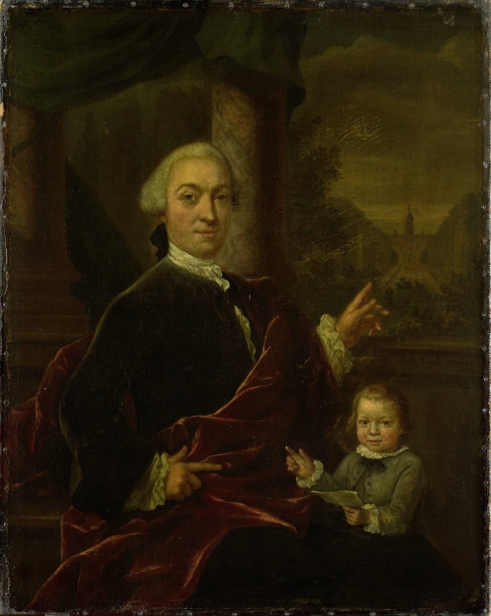 Familieportræt af Jan van de Poll, bankmand og borgmester i Amsterdam med sin unge søn Harman af Jan Maurits Quinkhard