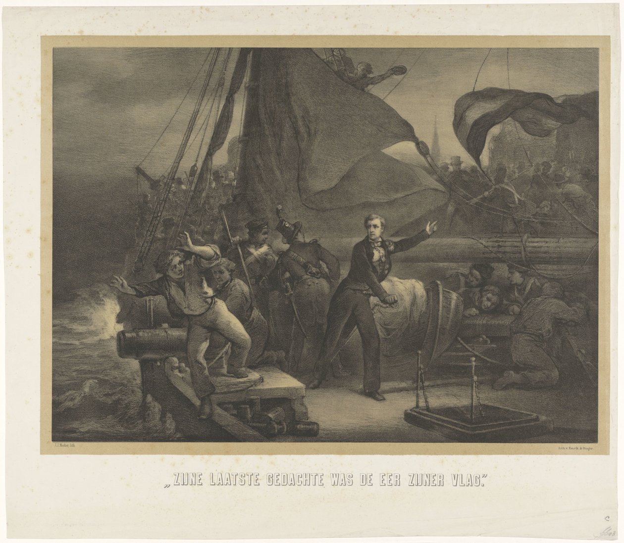 Jan van Speijk ved at smide lunten i lastrummet, 1831 Hans sidste tanke var æren af ​​hans flag (titel på objekt) af Jan Mesker