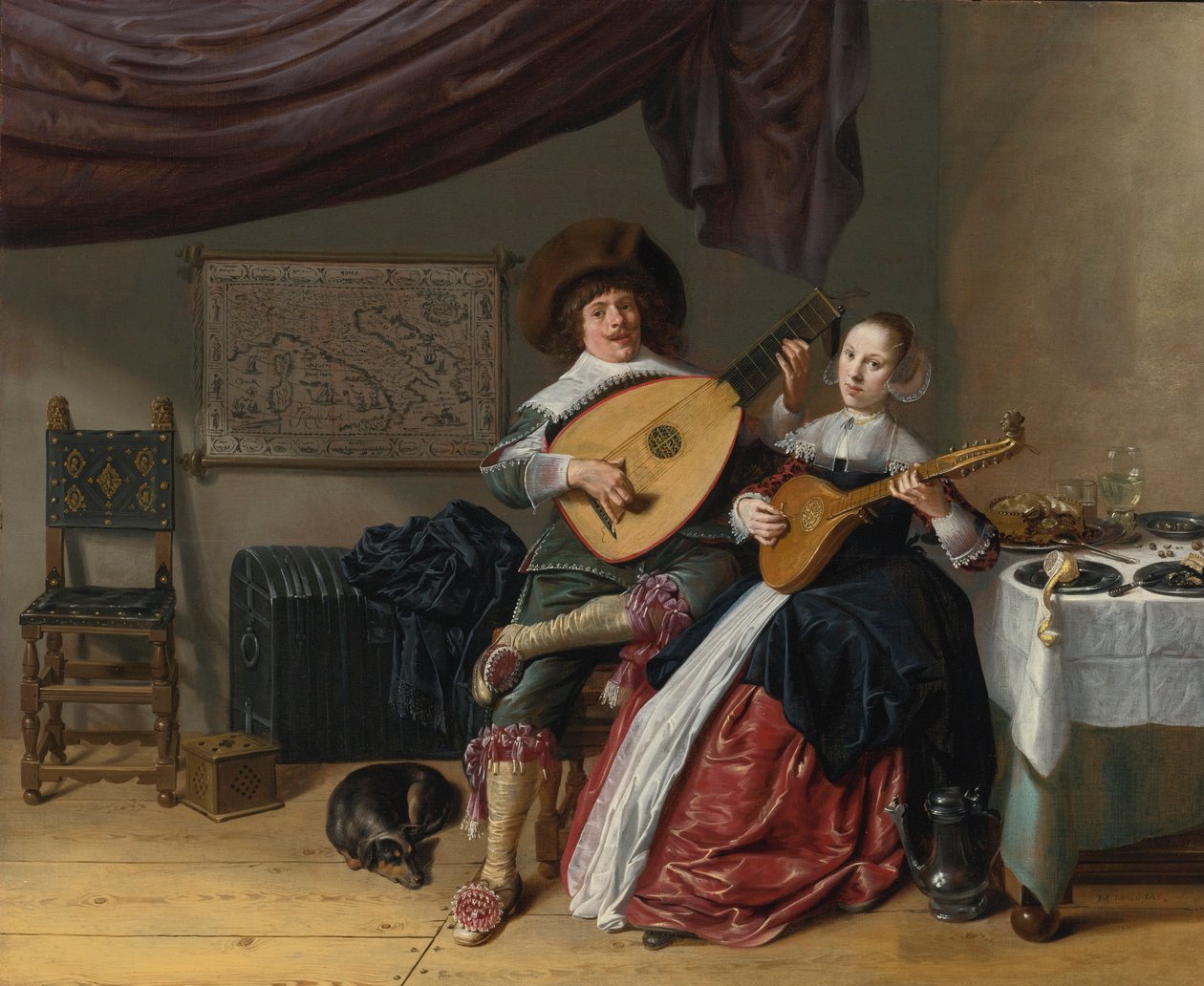 DUETTEN:  ET SELVPORTRÆT AF KUNSTNEREN MED SIN KONE, JUDITH LEYSTER, SANDSYNLIGVIS DERES ÆGTESKABSPORTRÆT af Jan Miense Molenaer