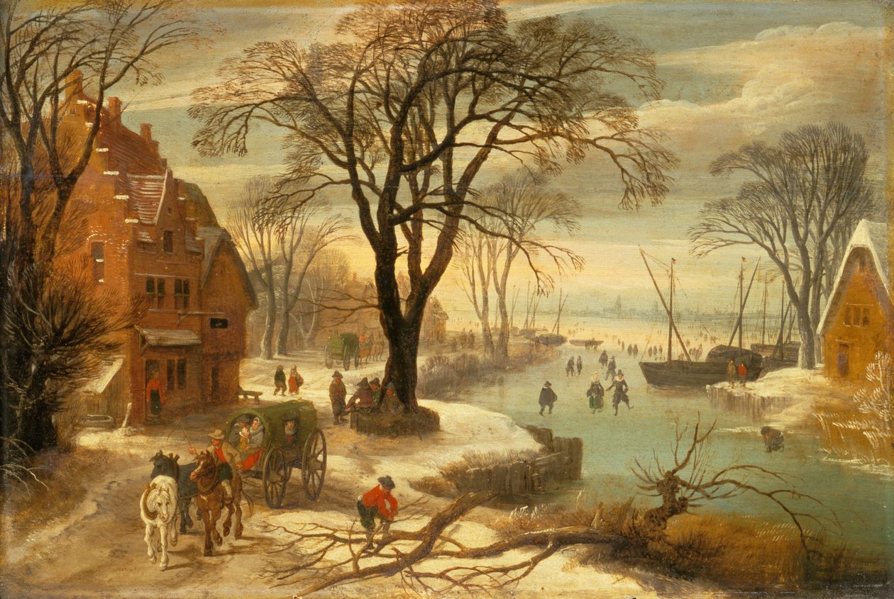 Et vinterlandskab med byfolk på isen (olie) af Jan and Momper Joos de Brueghel