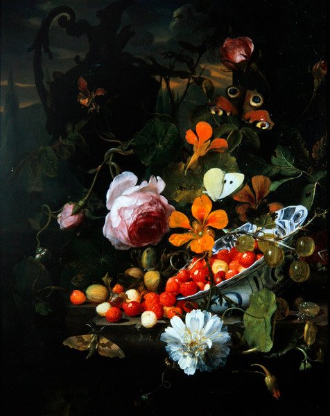 Et stilleben med jordbær i en skål og blomster af Jan Mortel