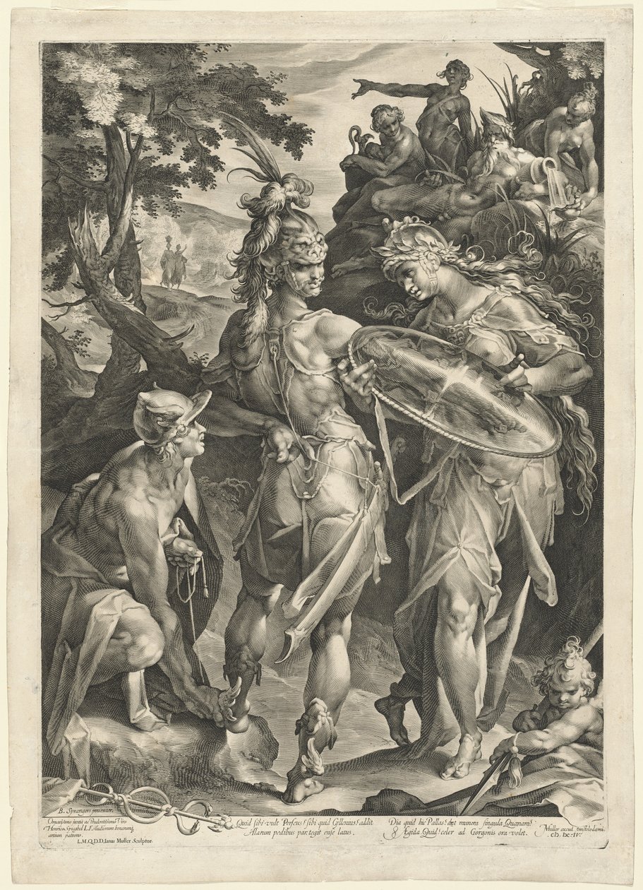 Minerva og Merkur bevæbner Perseus af Jan Muller, after Bartholomaeus Spranger