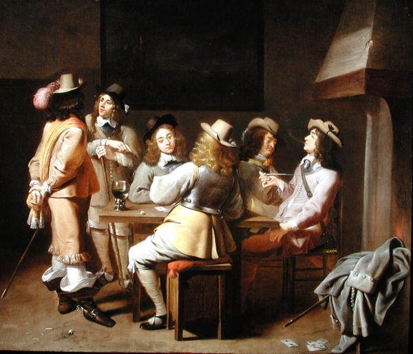Et vagtværelse med soldater, der spiller kort og ryger ved et bord (olie på lærred) af Jan Olis
