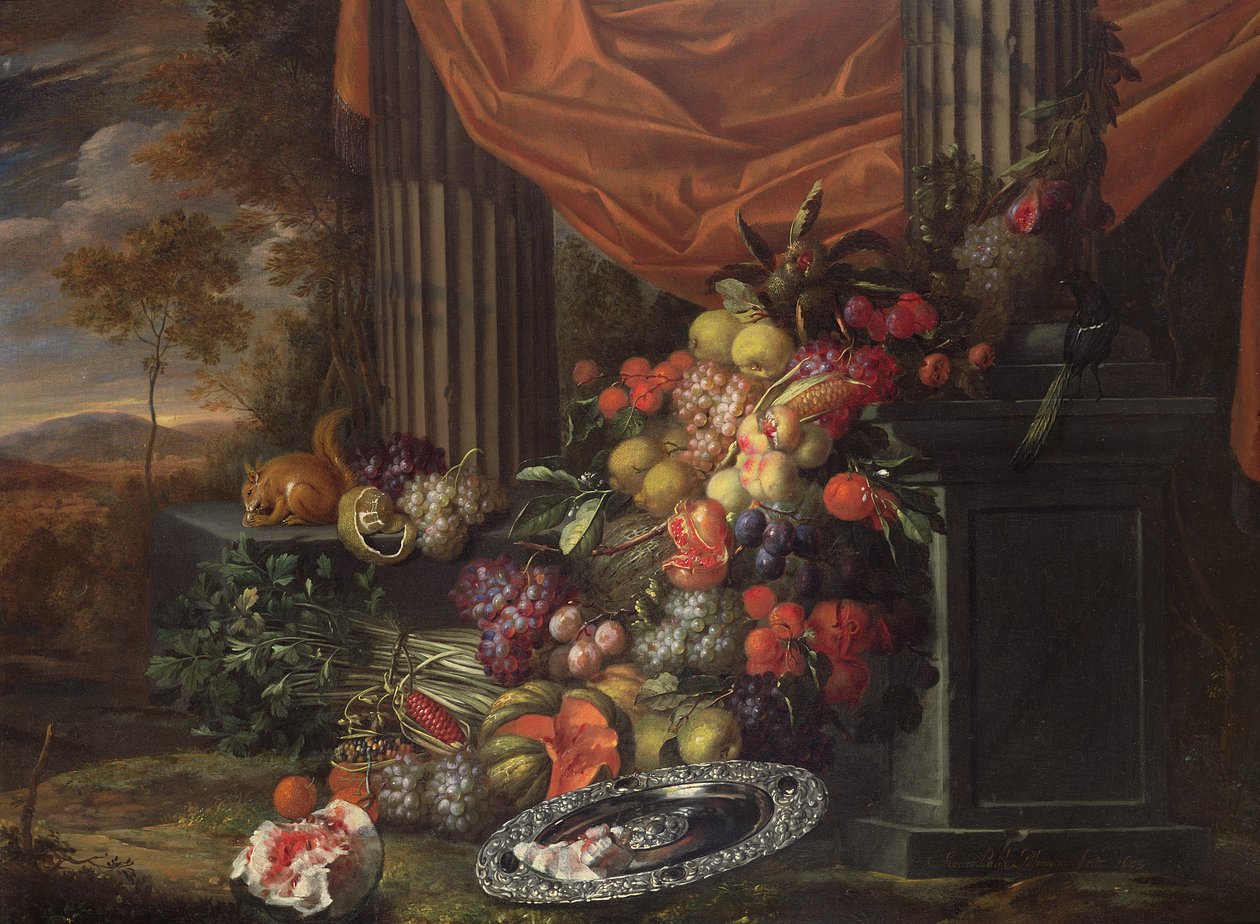 Stilleben af frugt i landskabelige omgivelser af Jan Pauwel the elder Gillemans