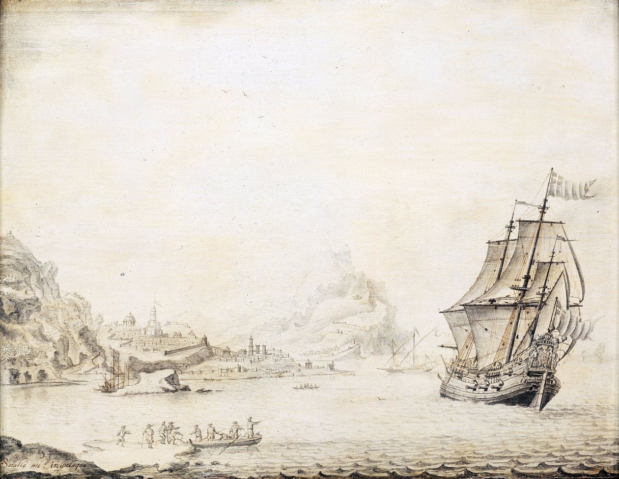 Et britisk skib ud for Satalias (Tyrkiet) kyst i 1677, omgivet af en klippekyst med gamle bymure og minareter. Olie på træ af Jan Peeters