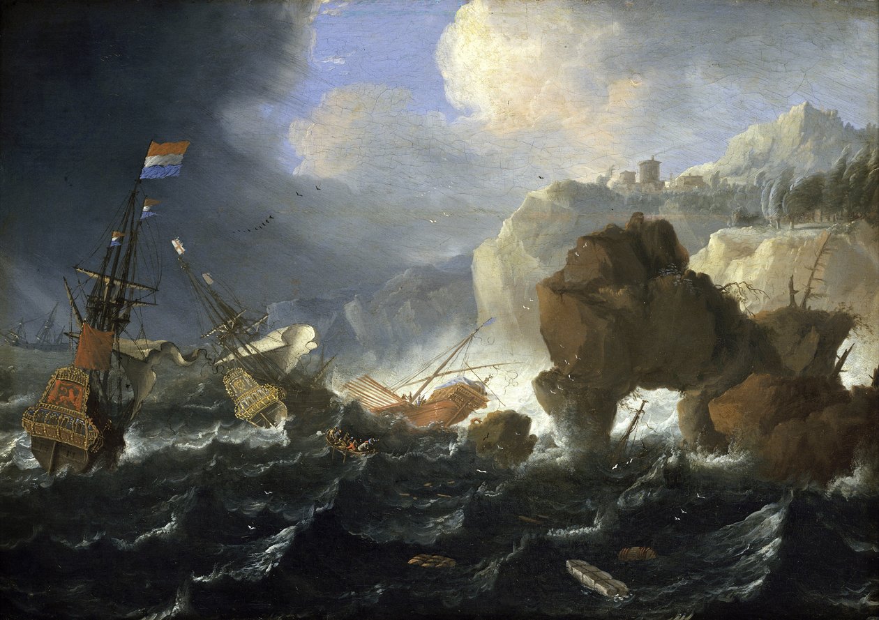 Et hollandsk skib og en galeon går på grund på en klippekyst i stormen. Olie på træ af Jan Peeters (1624-1677). af Jan Peeters
