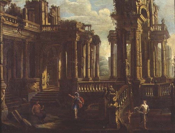 En capriccio af klassiske ruiner med en kriger, en satyr og Amor, der jagter en nymfe af Jan Peeters