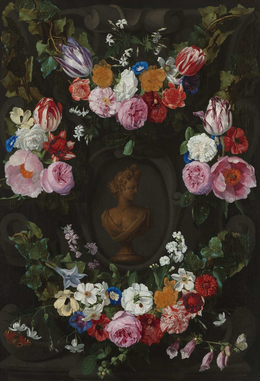 Cartouche dekoreret med swags og sprøjter af blomster af Jan Philip van Thielen