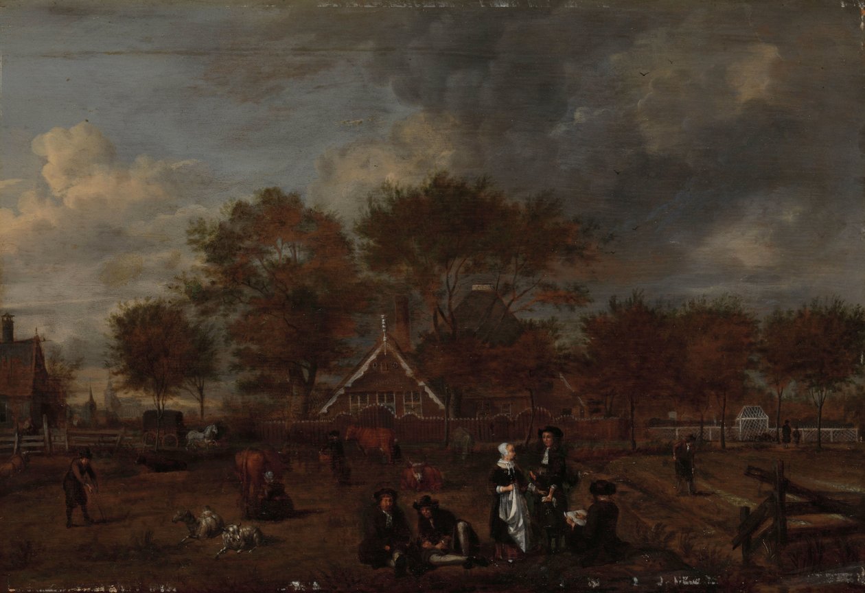 Gårdgård med herrebonden og hans kone og maleren i forgrunden af Jan Pietersz Opperdoes