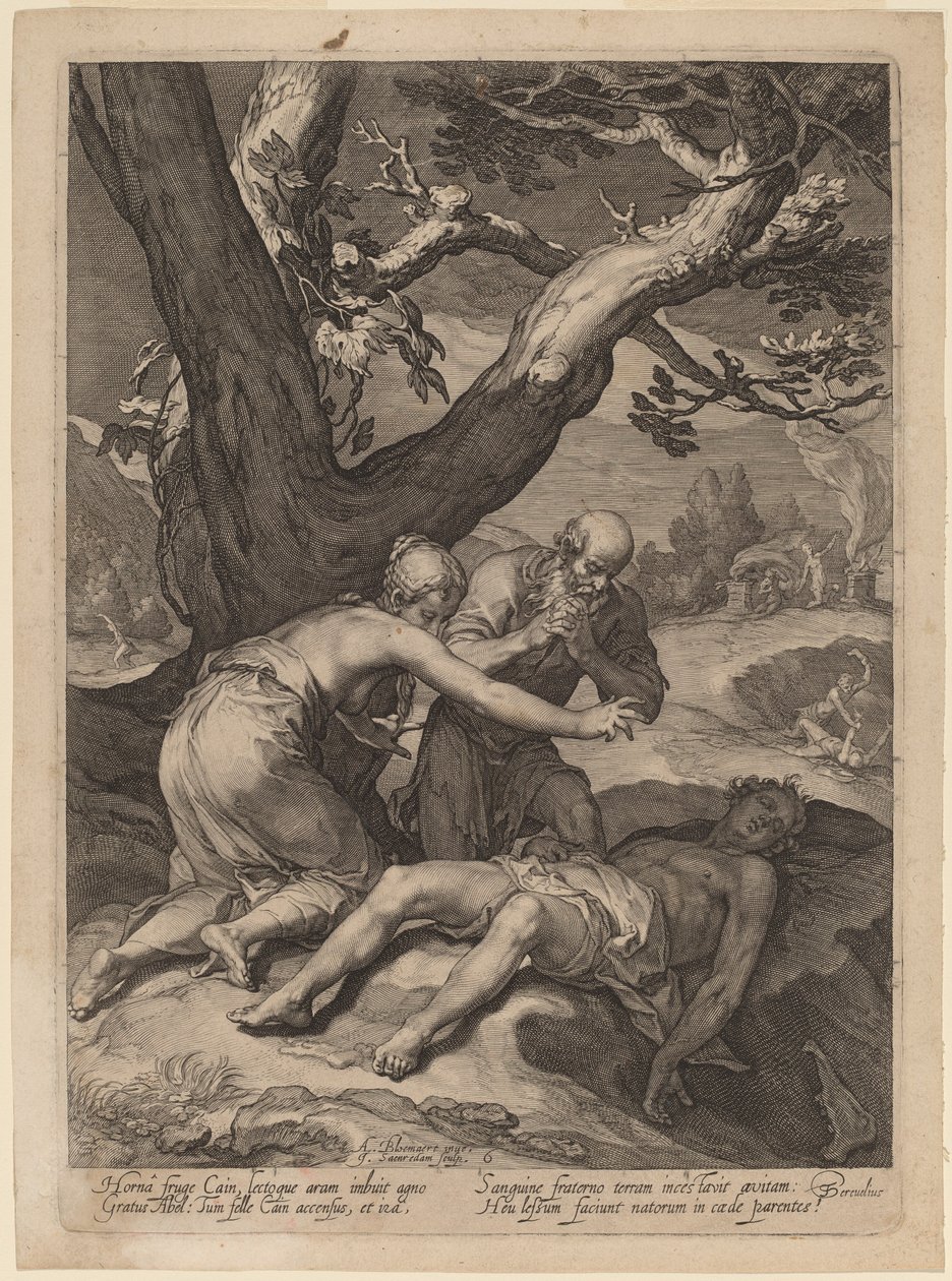 Adam og Eva begræder over Abels lig af Jan Pietersz Saenredam after Abraham Bloemaert