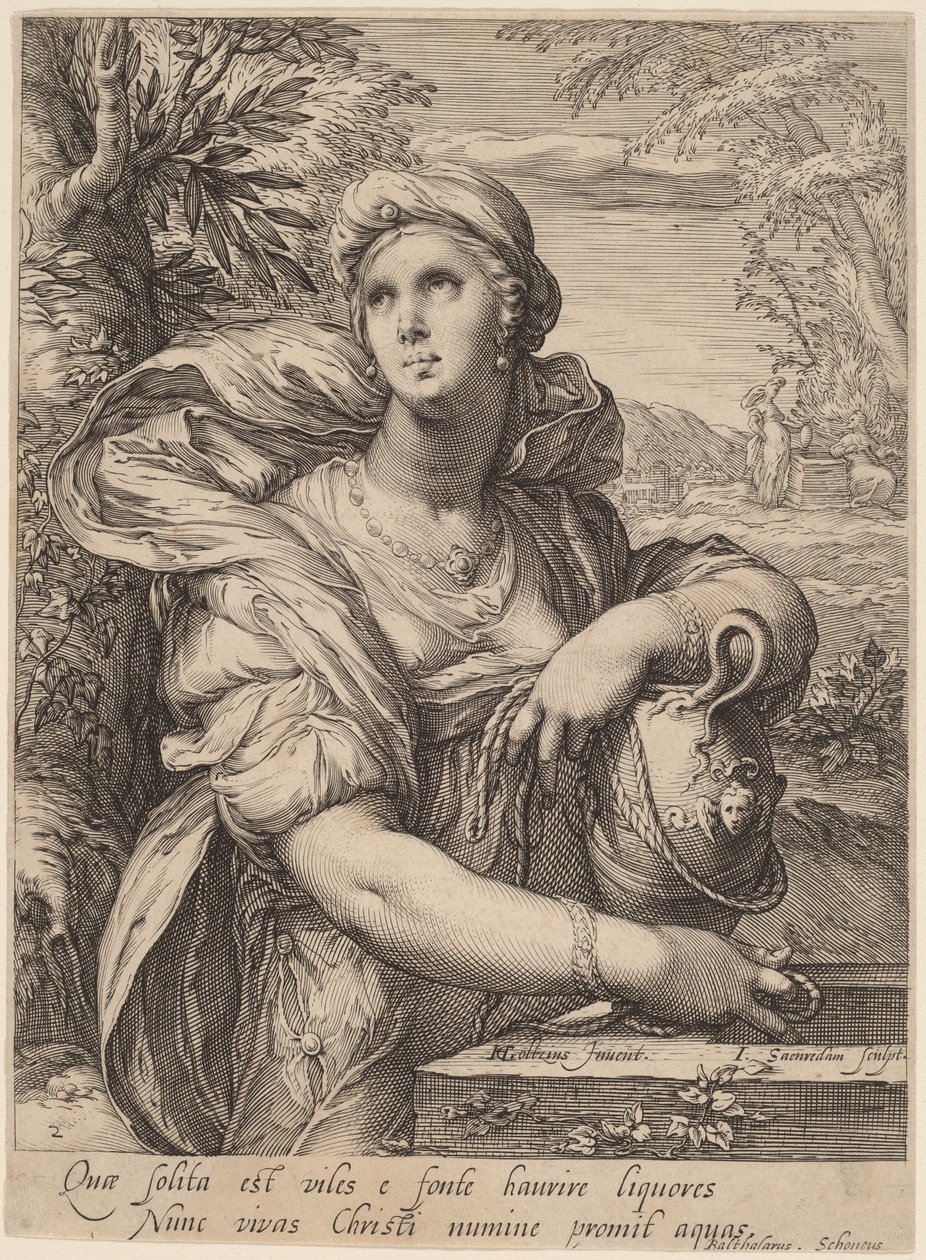 Samaritansk kvinde ved brønden af Jan Pietersz Saenredam, after Hendrik Goltzius