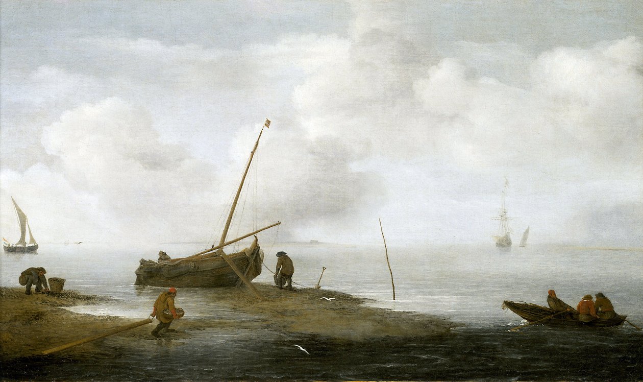 Muslingefiskeri, en fiskerbåd på kysten og tre mænd, der har travlt med at samle muslinger i deres kurve. Olie på lærred 1622 af Jan Porcellis (1580-1632). af Jan Porcellis