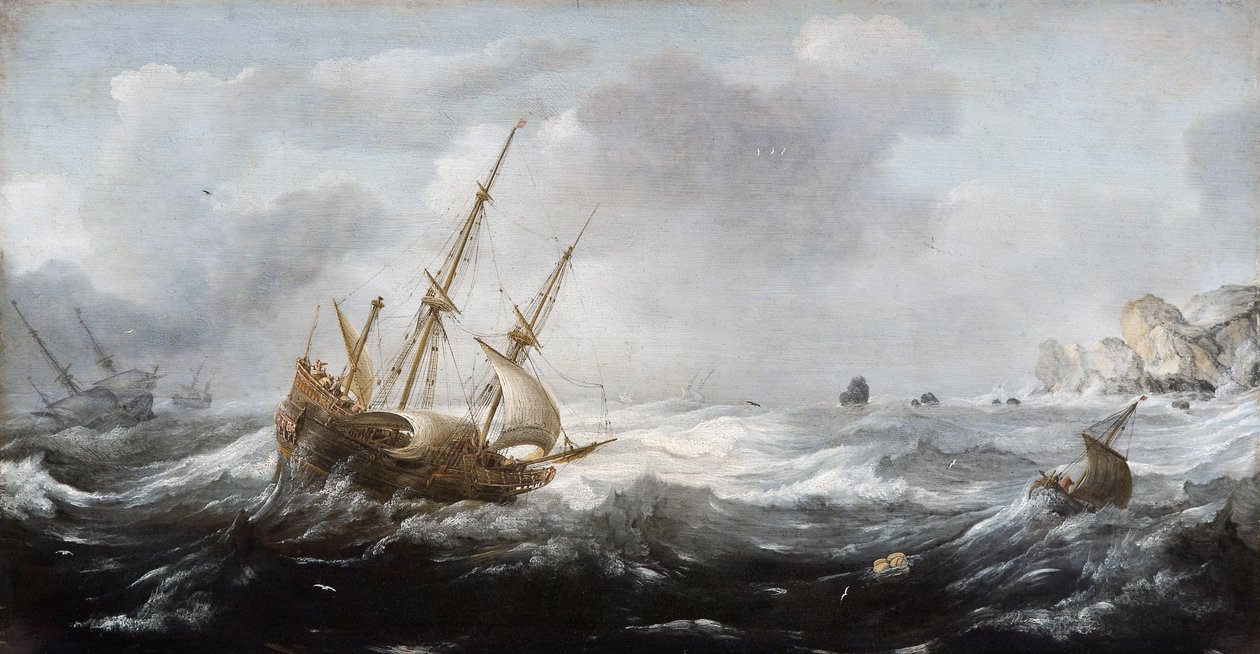 Skibe i en storm på en klippekyst, 1614-1618 af Jan Porcellis