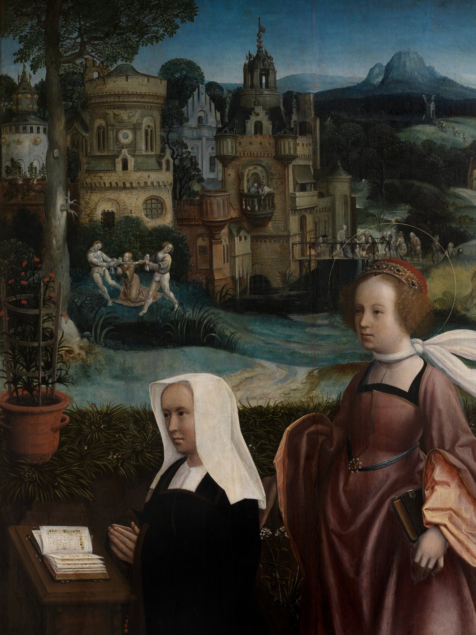 Detalje af donor med Saint Nicholas og donors hustru med Saint Godeliva, ca. 1515-21 (olie på panel) af Jan Provoost