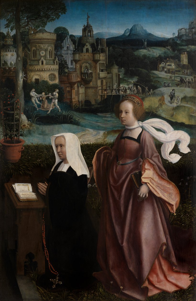 Detalje af donor med Saint Nicholas og donors hustru med Saint Godeliva, ca. 1515-21 (olie på panel) af Jan Provoost