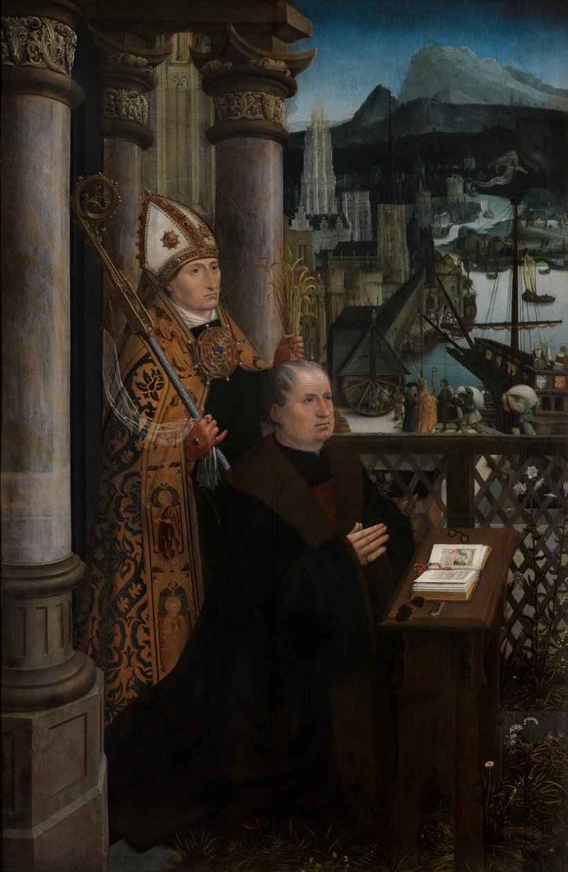 Detalje af donor med Saint Nicholas og donors hustru med Saint Godeliva, ca. 1515-21 (olie på panel) af Jan Provoost