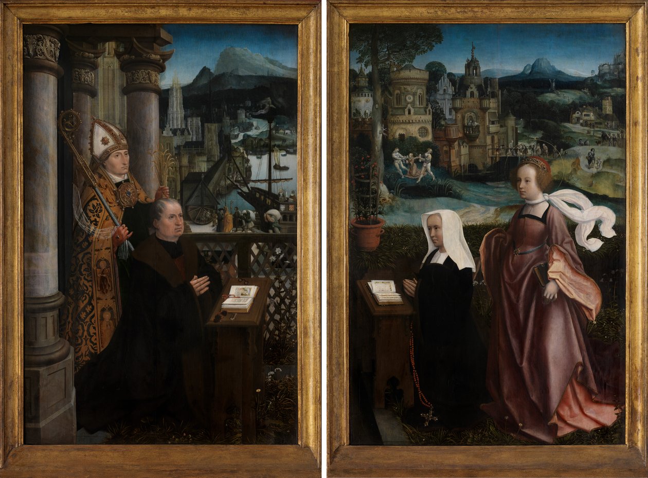 Donor med Saint Nicholas og donors hustru med Saint Godeliva, ca. 1515-21 (olie på panel) af Jan Provoost