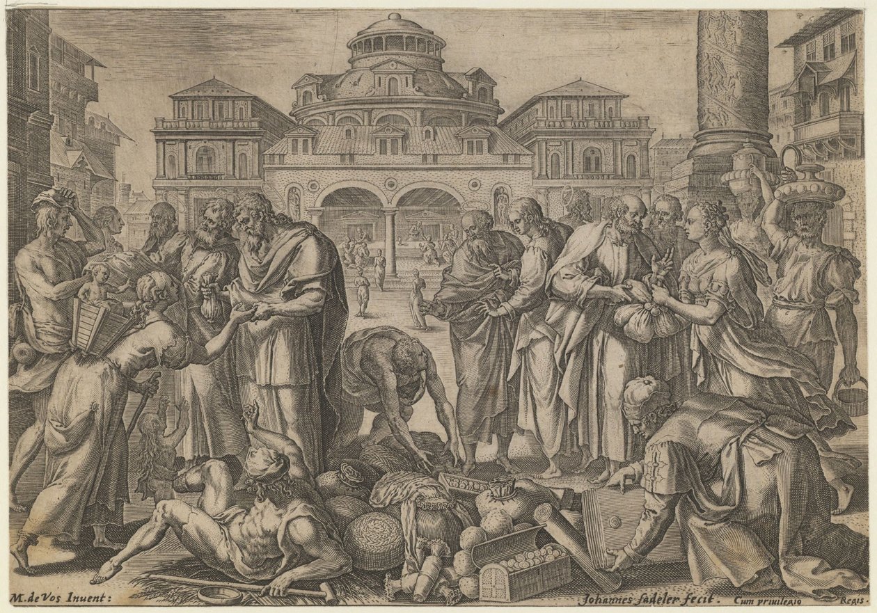 Apostlene uddeler pengene til de nødstedte, ca. 1600 af Jan Sadeler