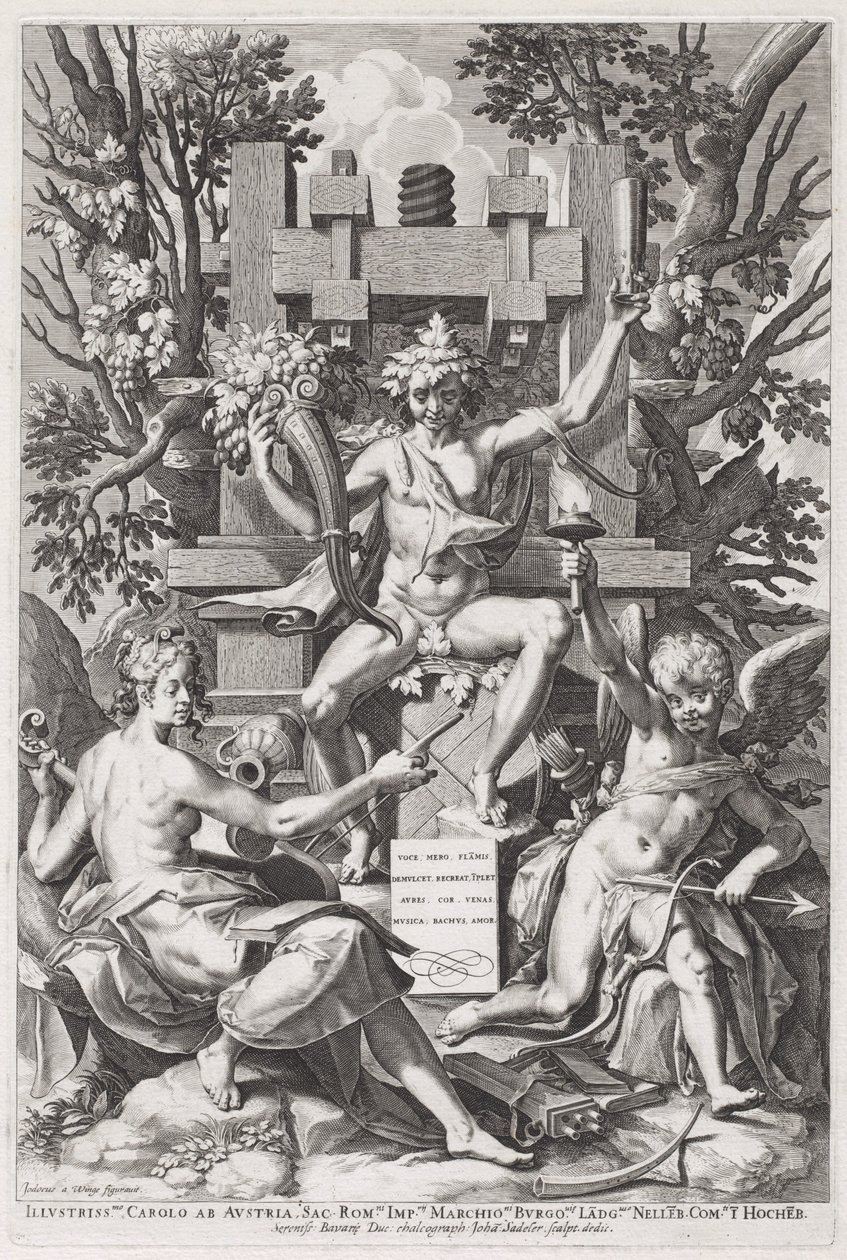 Bacchus sidder på en tønde mellem amor og musik af Jan Sadeler I, after Joos van Winghe