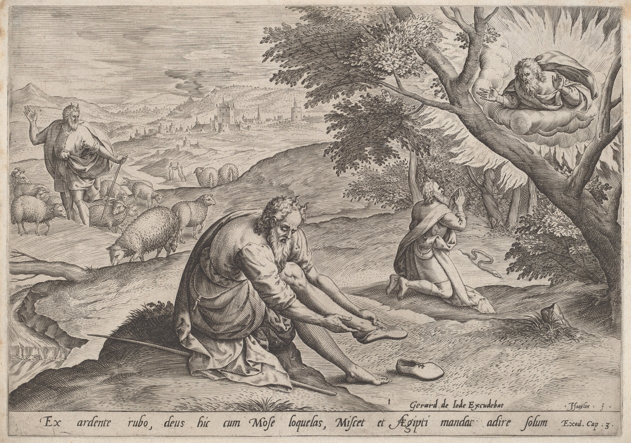 Gud viser sig for Moses af Jan Sadeler I, after Maarten van Cleef