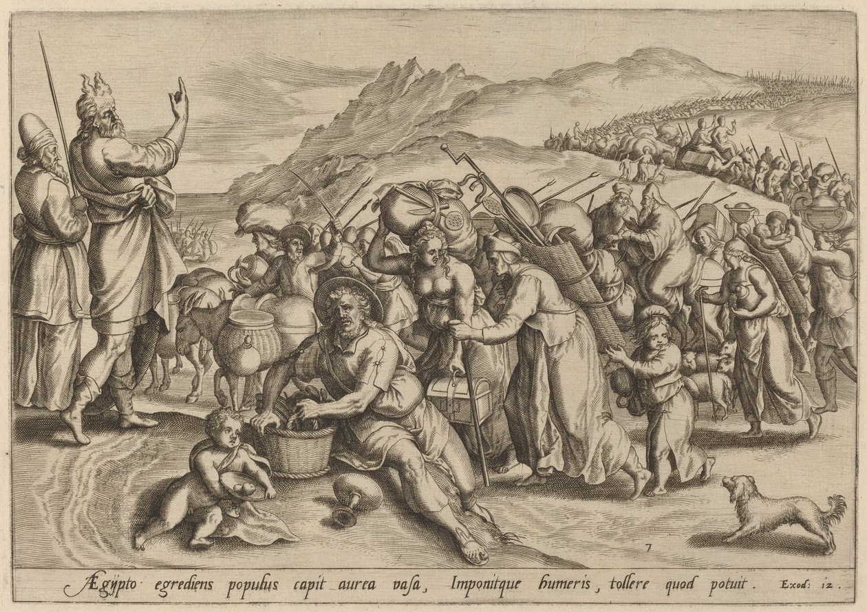 Udvandringen fra Egypten af Jan Sadeler I, after Maarten van Cleef