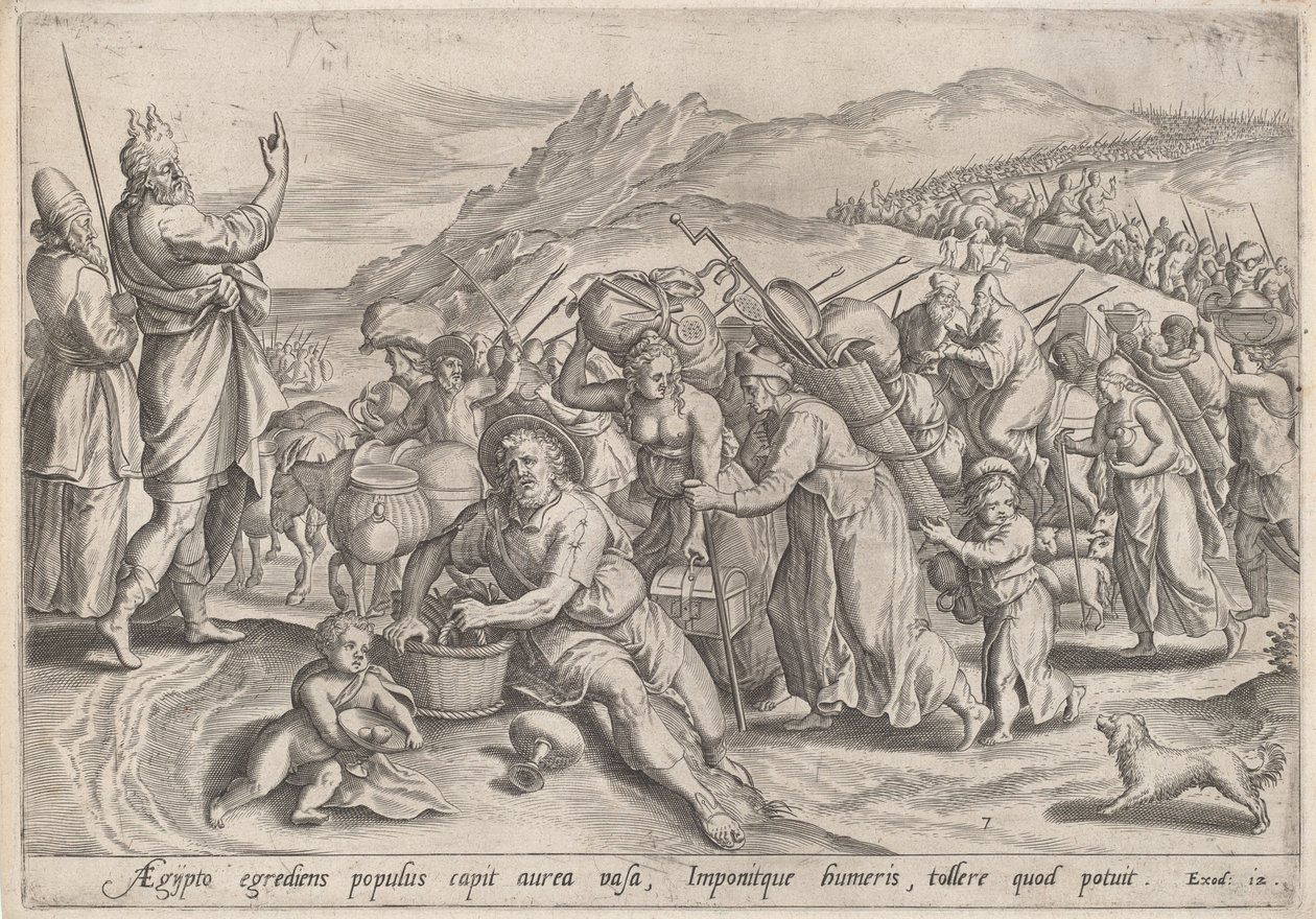 Udvandringen fra Egypten af Jan Sadeler I, after Maarten van Cleef