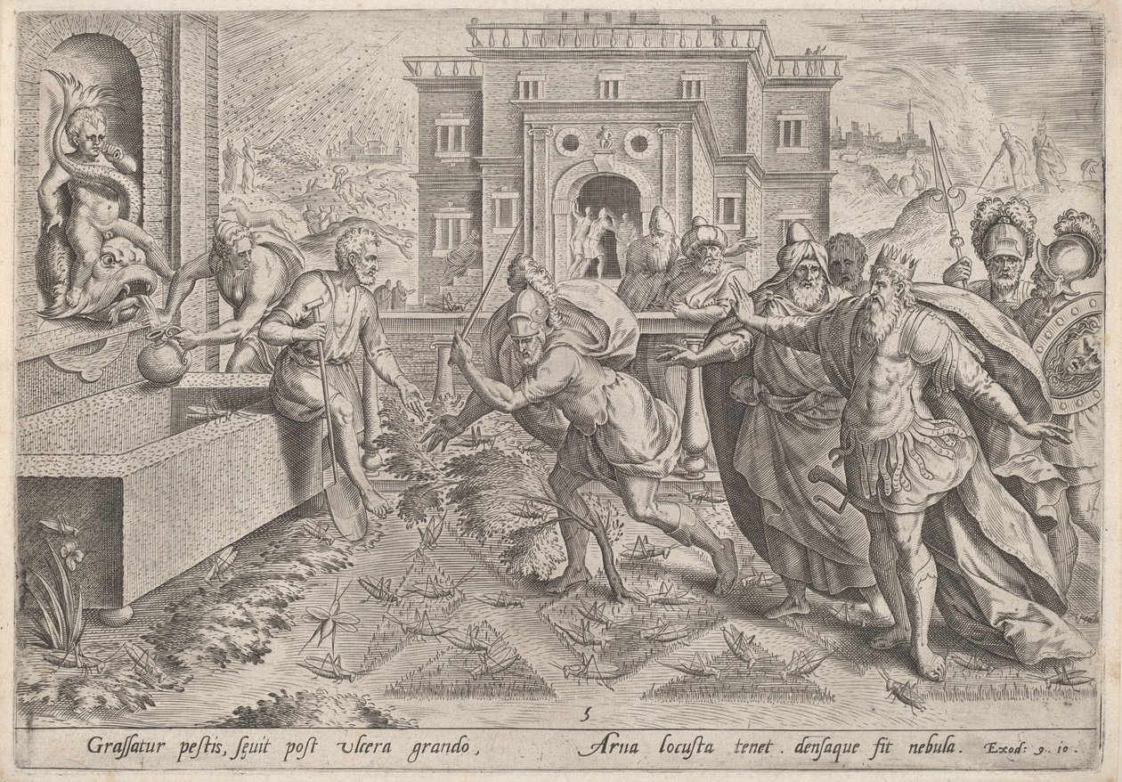 Græshoppernes pest af Jan Sadeler I, after Maarten van Cleef