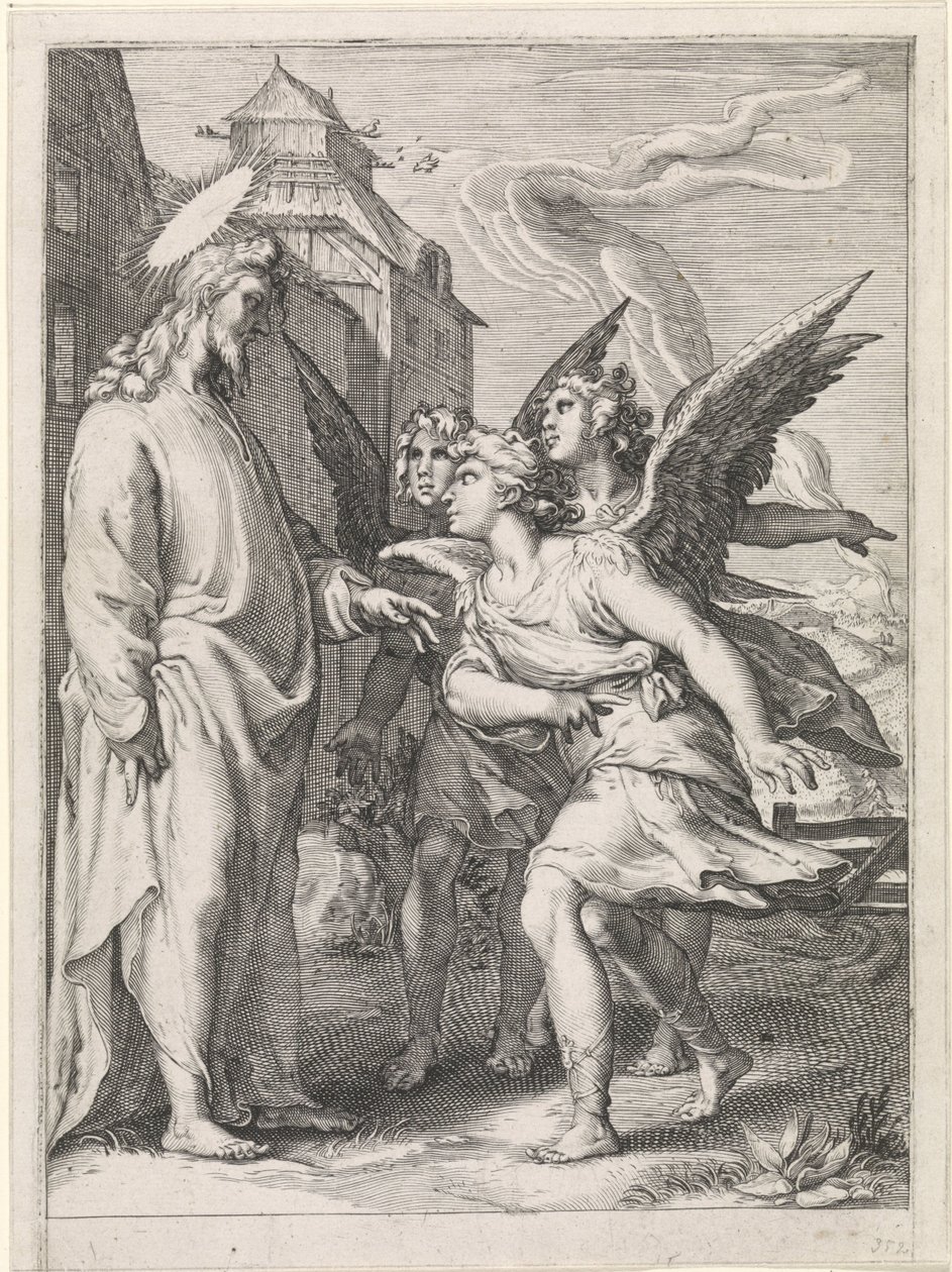 Kristus med tre engle Lignelse om ukrudtet blandt kornet (serietitel) af Jan Saenredam (attributed to)