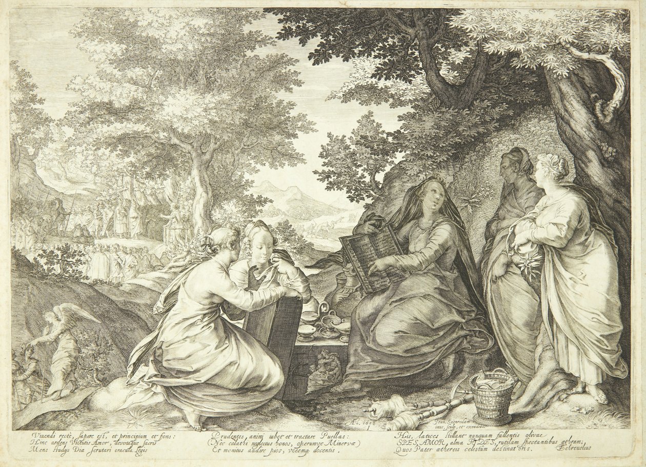 De forstandige jomfruer samlet i et landskab, i baggrunden Johannes Døberen, der prædiker af Jan Saenredam