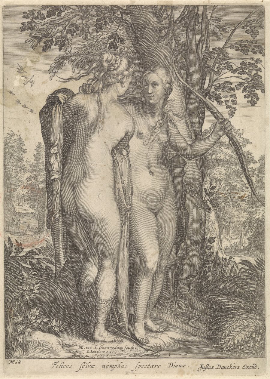 Diana og en nymfe foran et træ Diana og hendes nymfer (serietitel) af Jan Saenredam