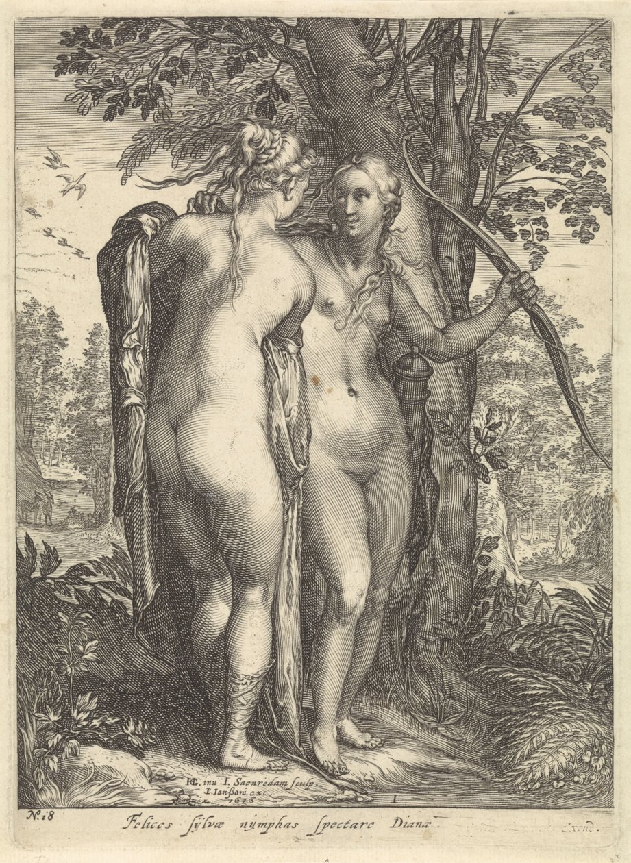Diana og en nymfe foran et træ Diana og hendes nymfer (serietitel) af Jan Saenredam