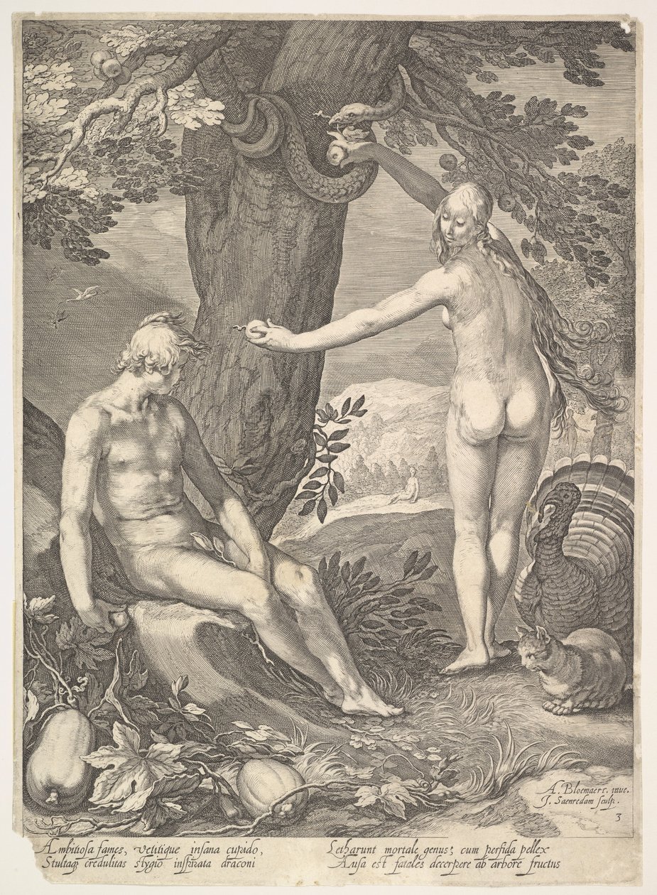 Eva giver Adam den forbudte frugt, fra historien om Adam og Eva. af Jan Saenredam