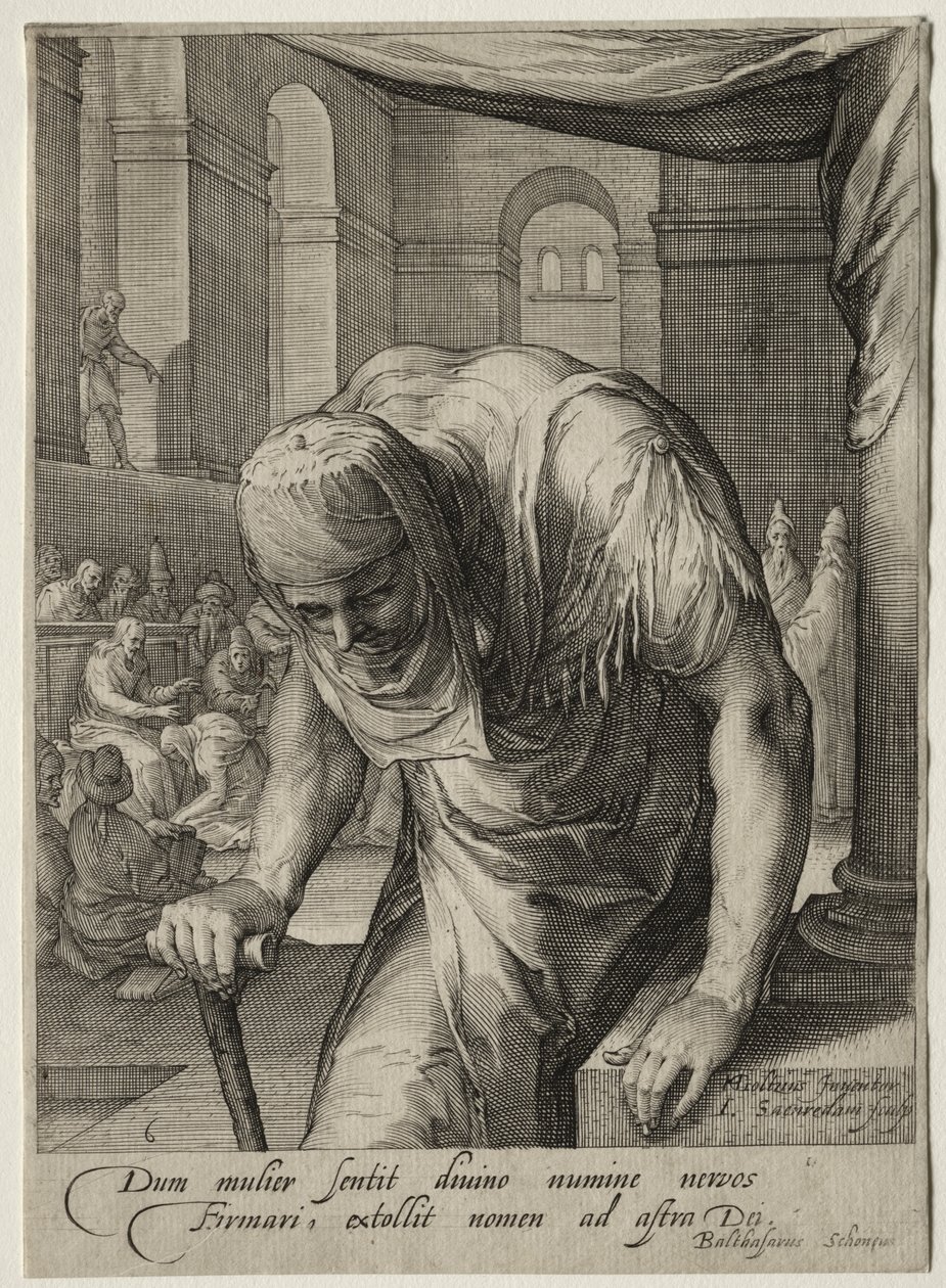 Heltinder i Det Nye Testamente: Den forkrøblede kvinde helbredt af Kristus af Jan Saenredam