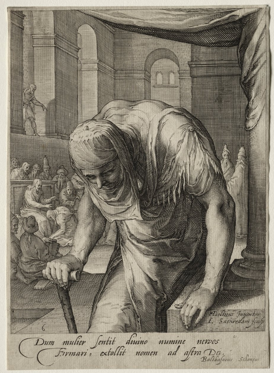 Heltinder i Det Nye Testamente: Den forkrøblede kvinde helbredt af Kristus. af Jan Saenredam