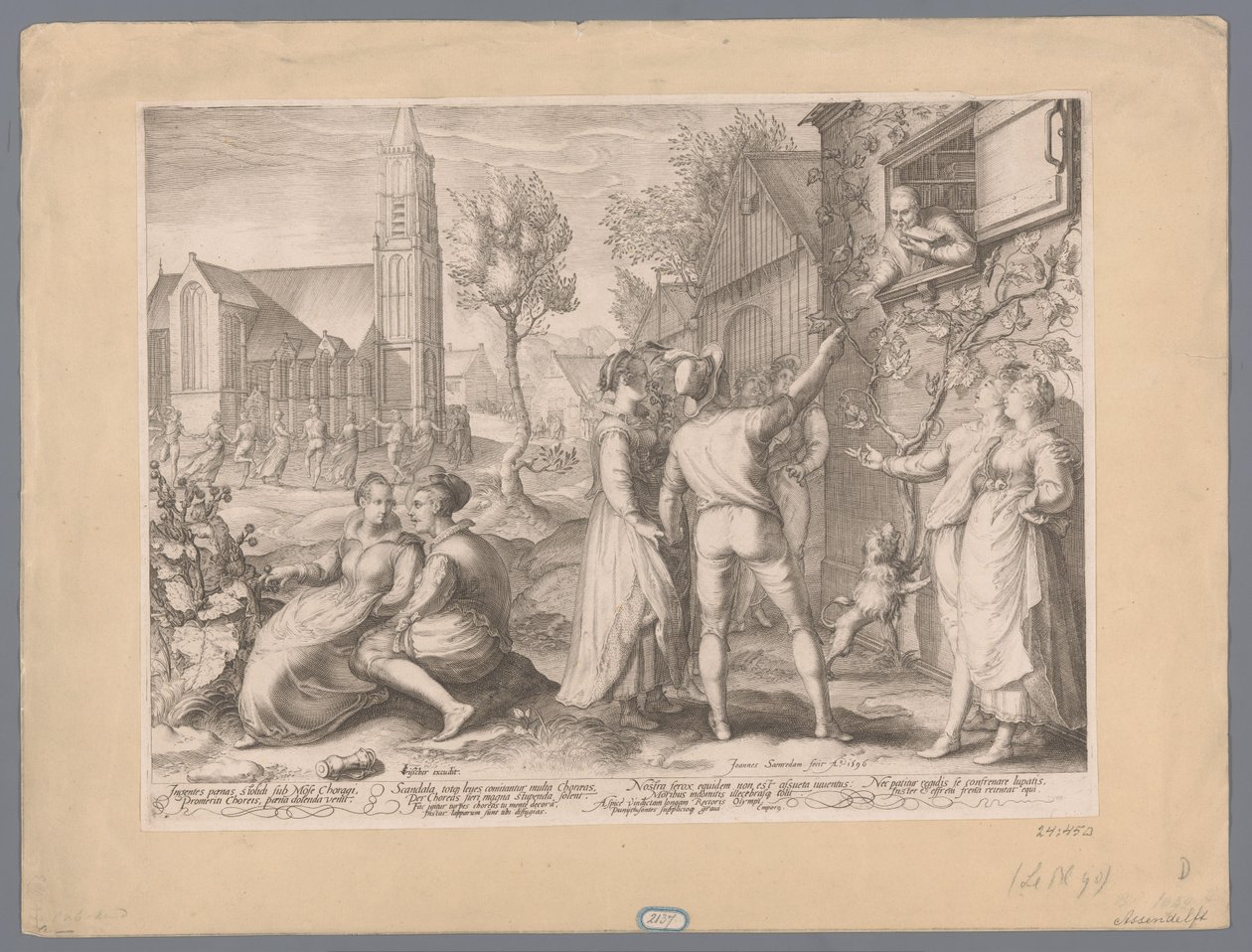 Jonge paren die poulet maken en dansen, 1596 Kæmpe brød stolich under Moses Choragi Mereriti Chorei, brødet kom til at være ynkeligt (...) (titel på objekt) af Jan Saenredam