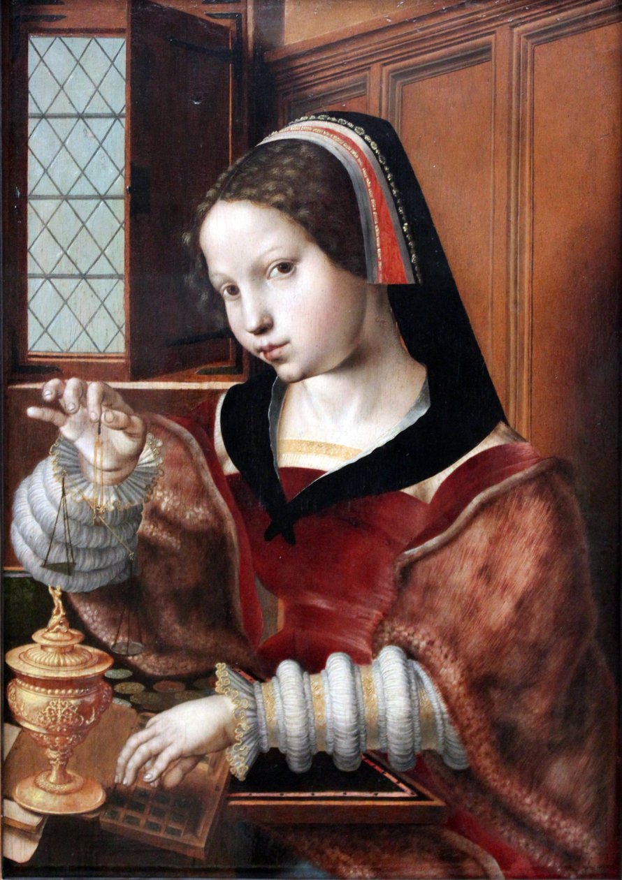 Tysk: Die Goldwägerin Kvinde, der vejer guld
 Alternativ(e) titel(r):  
Woman Holding a Balance af Jan Sanders van Hemessen