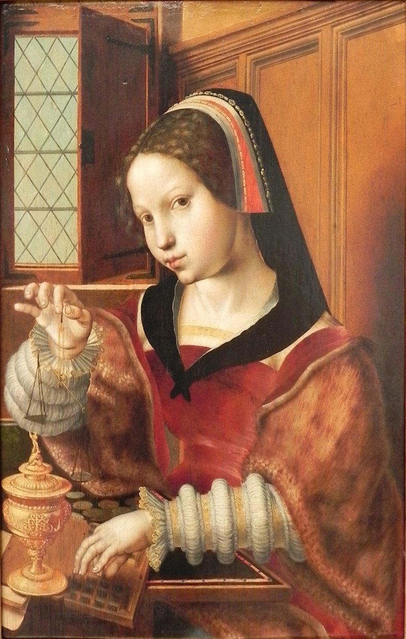 Tysk: Die Goldwägerin Kvinde, der vejer guld
 Alternativ(e) titel(r):  
Woman Holding a Balance af Jan Sanders van Hemessen