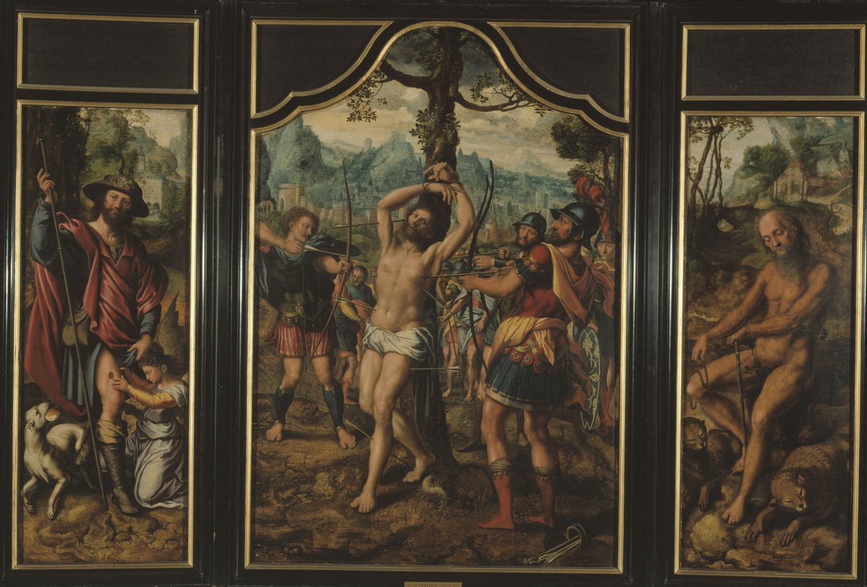 Triptykon af Sankt Sebastians martyrium (midterste panel): Saint Roch (venstre panel), Saint Onuphre (højre panel), Saint Peter (bagsiden af højre panel), Saint Stephen (bagsiden af venstre panel), mellem 1525 og 1566 (olie) af Jan Sanders van Hemessen