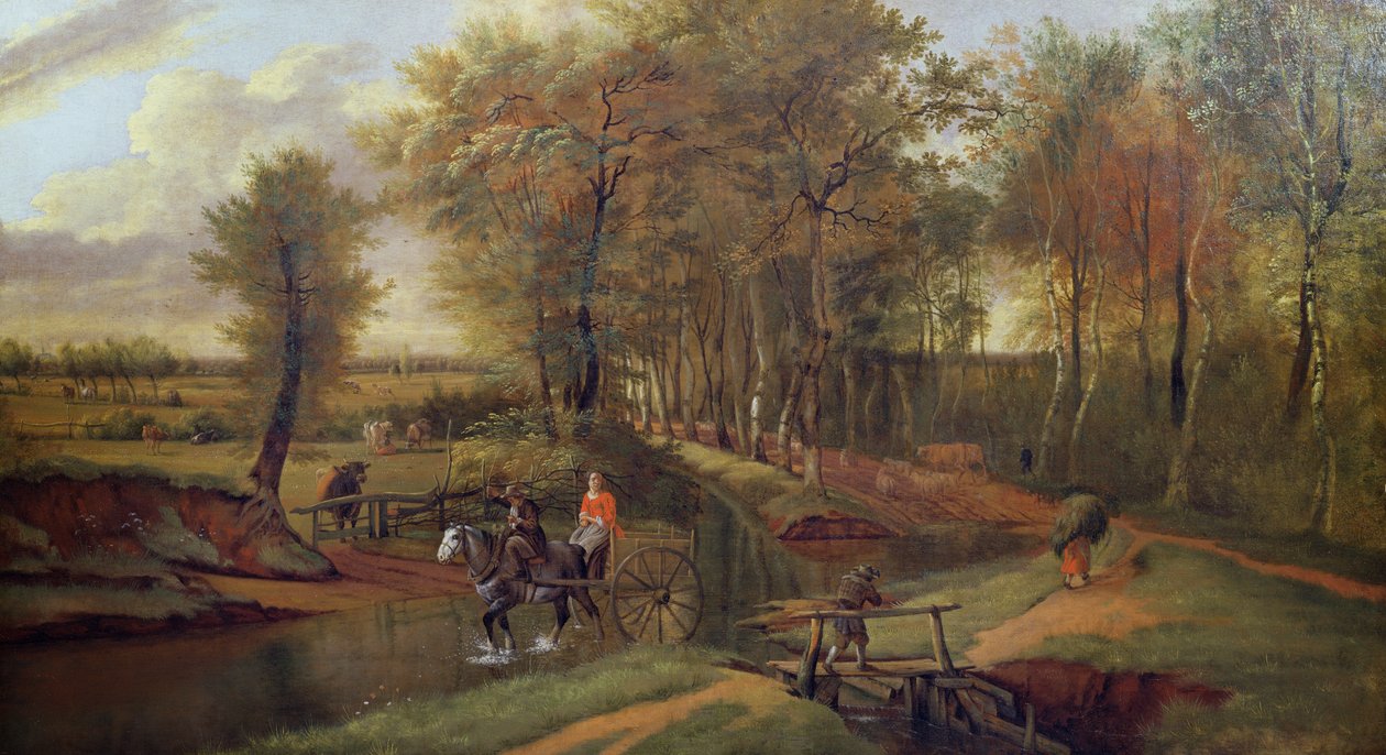 Et skovklædt flodlandskab med figurer, hest og vogn, 1692 af Jan Siberechts