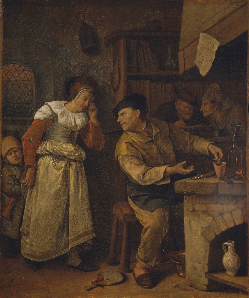 En guldsmed, der smelter en kvindes smykker om i nærværelse af en notar: „Alkymisten“ af Jan Steen
