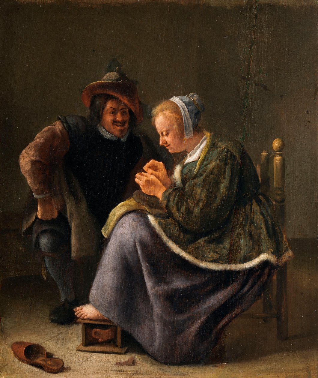 En kvinde, der stopper en strømpe af Jan Steen