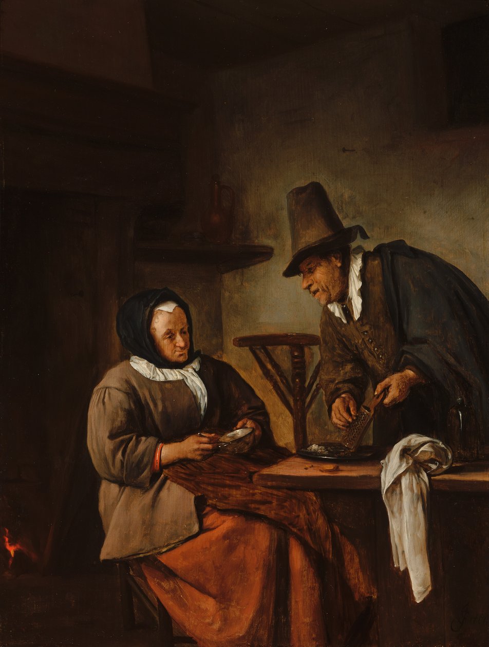 Et gammelt par, der tilbereder en varm drik af Jan Steen