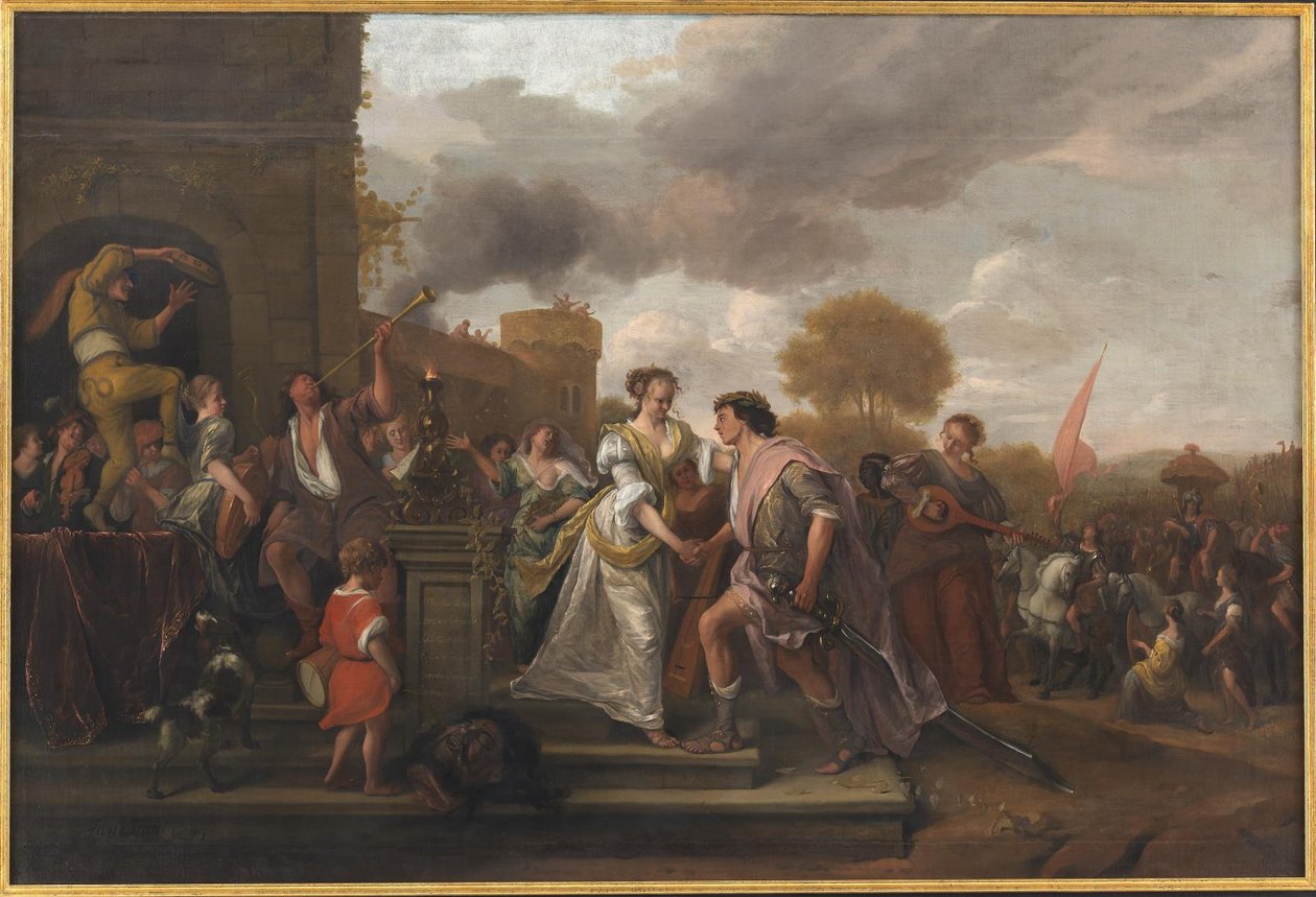 David vender tilbage som sejrrig efter at have besejret Goliat og filistrene af Jan Steen