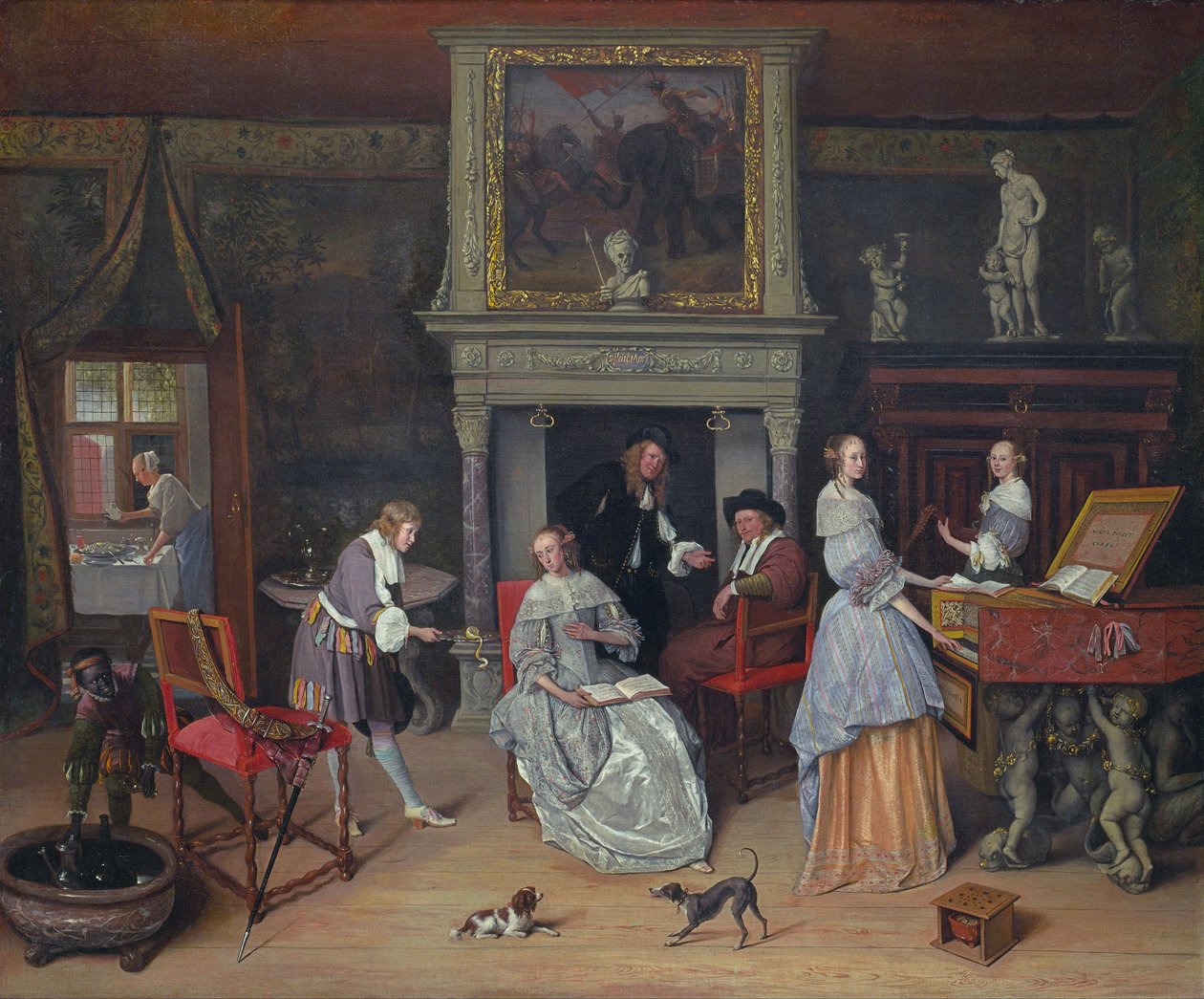 Fantasi-interiør med Jan Steen og Gerrit Schoutens familie af Jan Steen