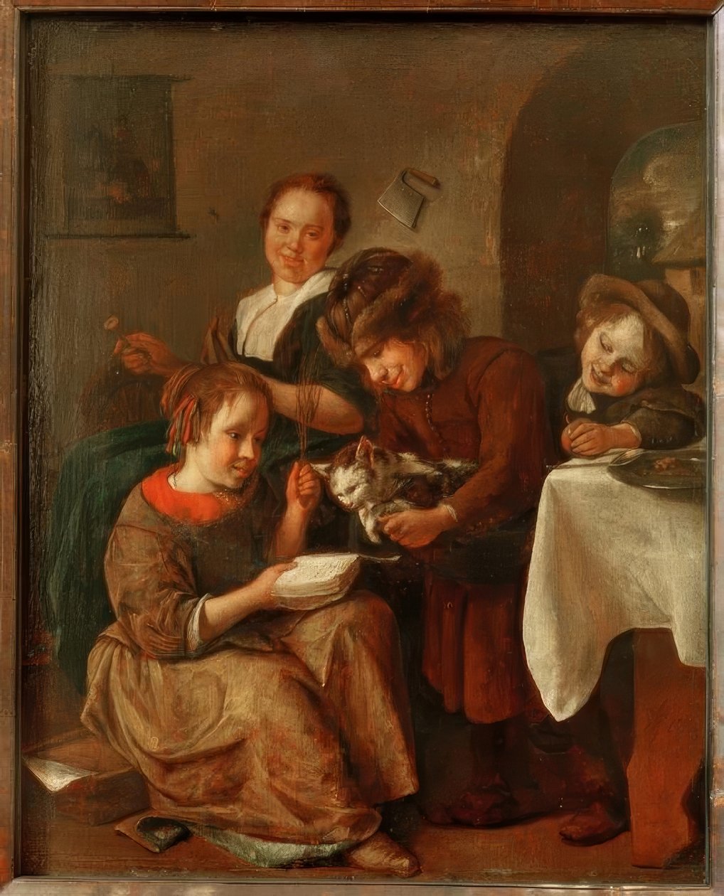 Børn lærer en kat at læse af Jan Havickszoon Steen