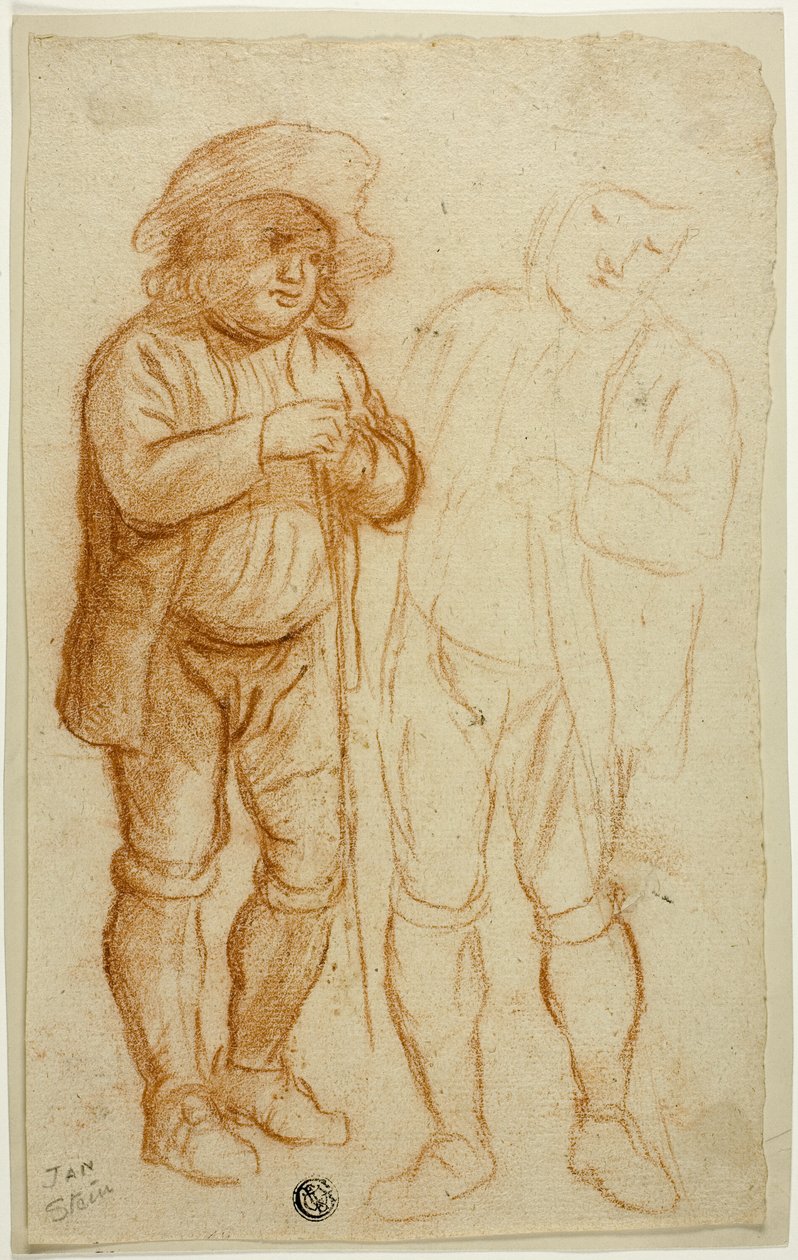To skitser af stående mand, der læner sig op ad en stav af Jan Steen