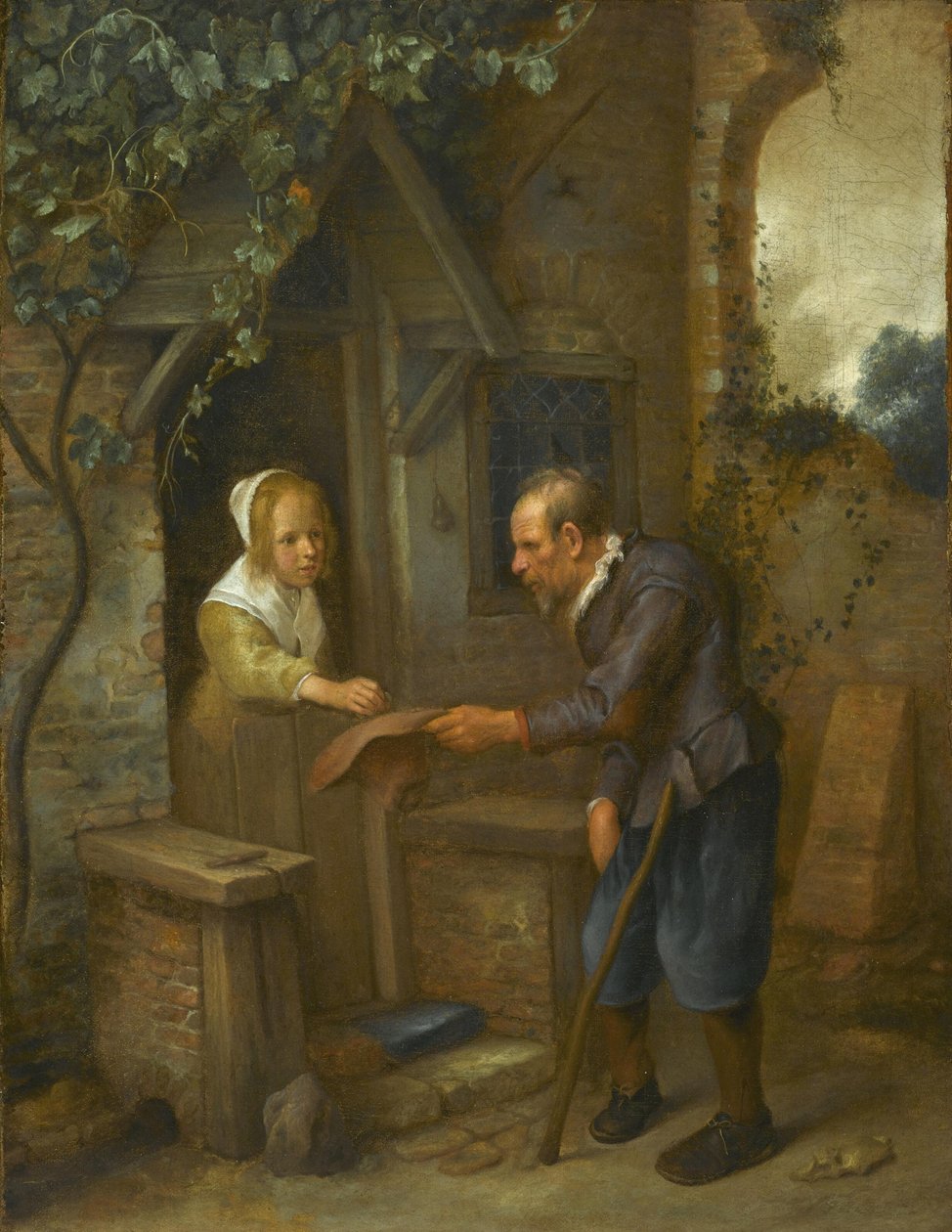 Ung pige giver almisser til en gammel mand af Jan Steen