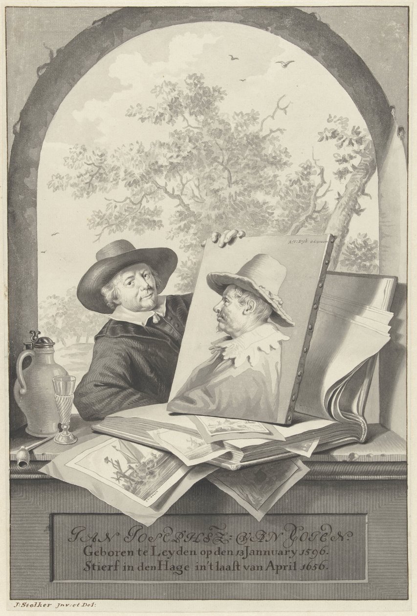 Mand med en mappe med tegninger og et portræt af Jan van Goyen af Jan Stolker