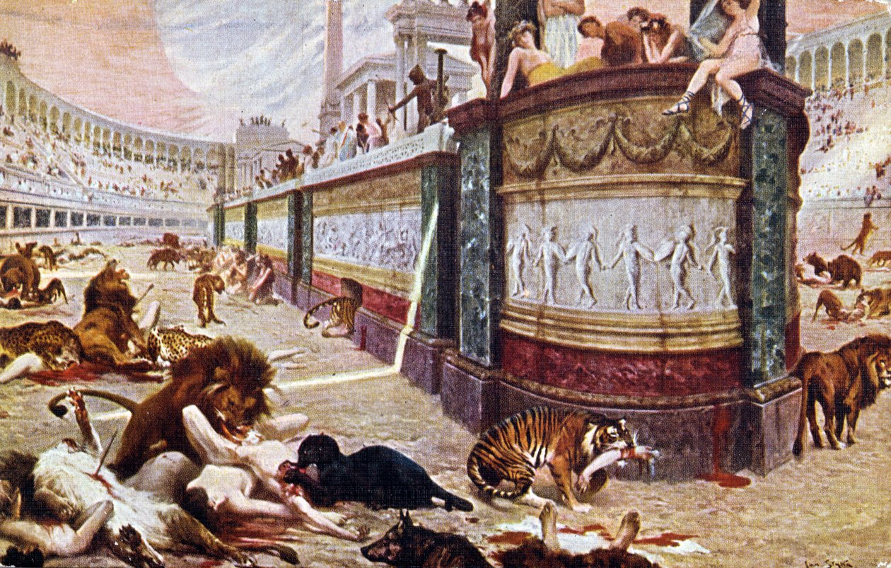 Postkort med de blodige spil i arenaen i Rom, illustration fra 