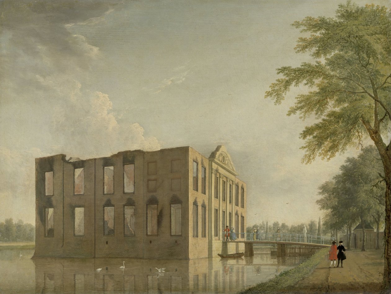 Berckenrode Slot i Heemstede efter Branden Berkenrode Slot, Heemstede, efter Branden 4.-5. maj 1747: Sidebillede af Jan Ten Compe